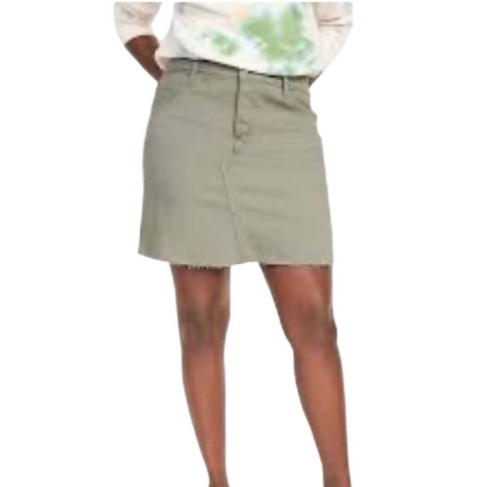 Old Navy Olive Green Denim Mini Skirt Size 8 Raw Hem Button Fly Utility Style